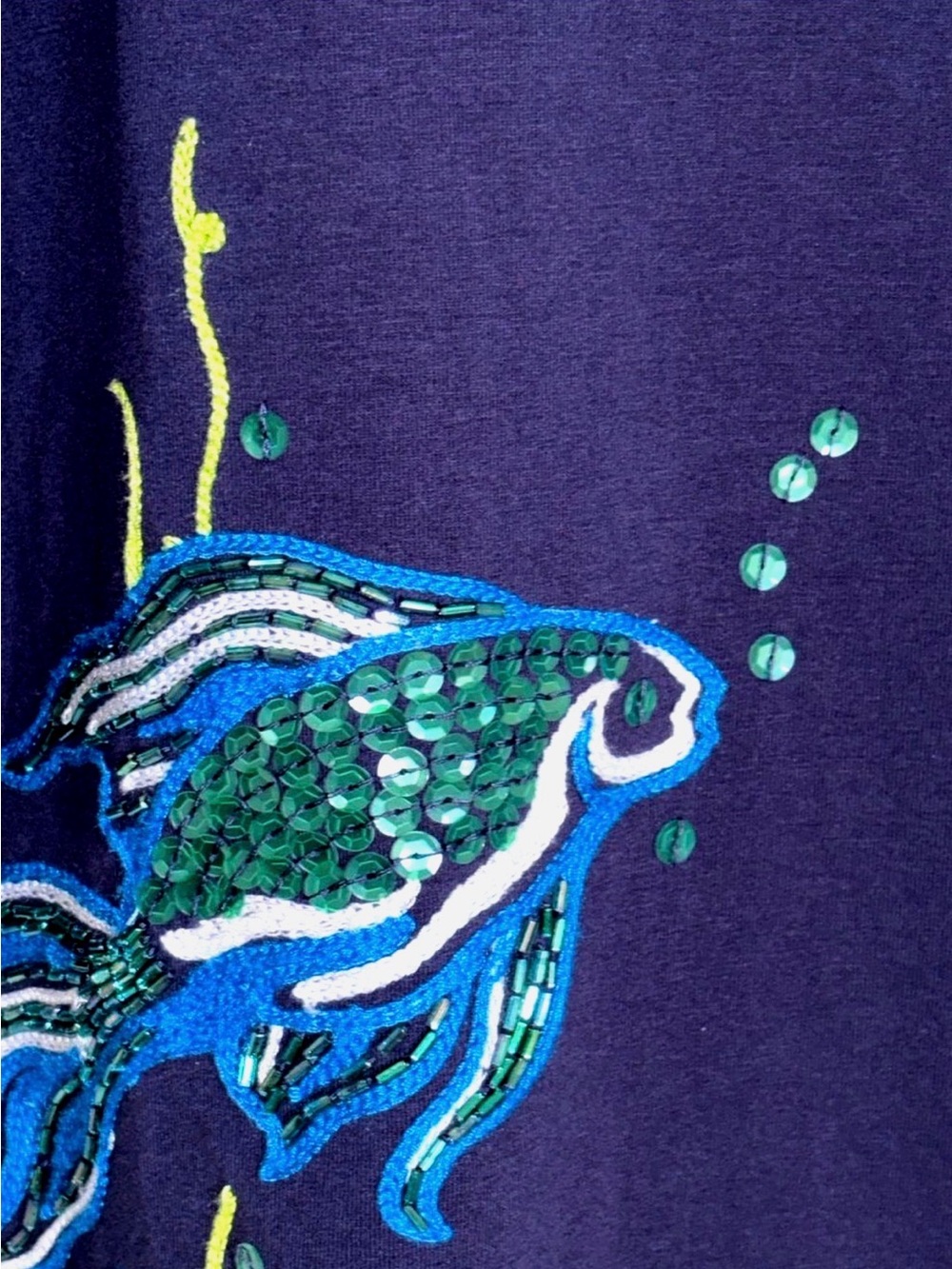 Chico’s Beaded Sequin Fish Top Blue Coastal Embroidered 3/4 Sleeve Size 2 US L - Picture 7 of 13